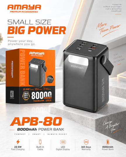 Amaya Apb-80 Външна Батерия 80000mah 22.5w Вградени Кабели Цифров Дисплей Черна