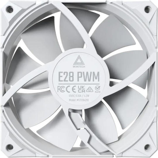 Montech E28 Pwm Gehäuselüfter 120mm (2000rpm / 85,09cfm) Ohne LEDs Beleuchtung und Verbindung 4-Pin PWM Weiß