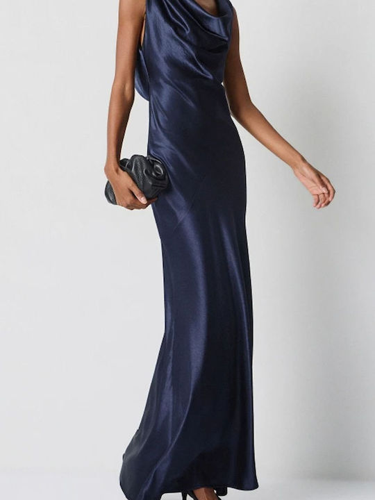 Rochie Maxi de Seara Satin Drapat Albastru Inchis