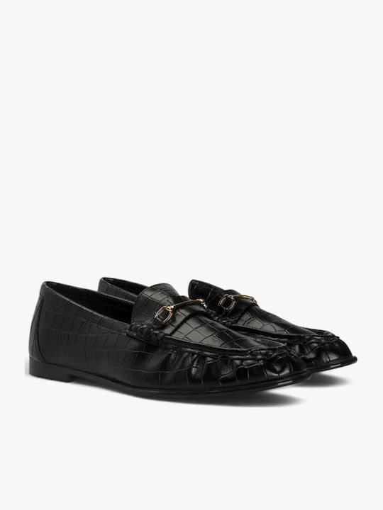 Mocasini Dama Loafers Croco Negri Cu Decor Metalic