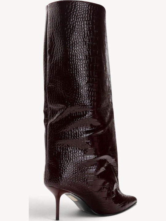 Cizme din lac Croco Bordo cu toc Stiletto
