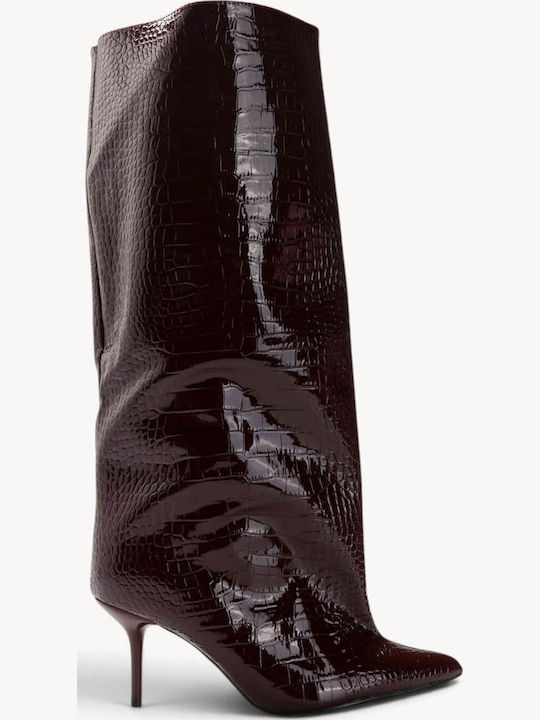 Cizme din lac Croco Bordo cu toc Stiletto