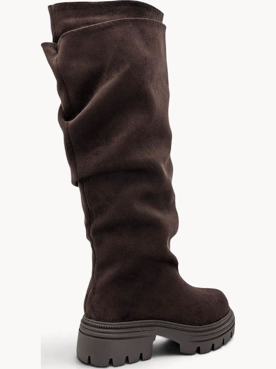 Braune Wildleder Damenstiefel Slouchy Traktorenprofil Sohle