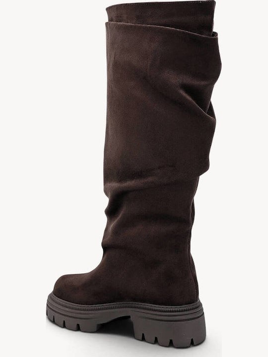 Braune Wildleder Damenstiefel Slouchy Traktorenprofil Sohle