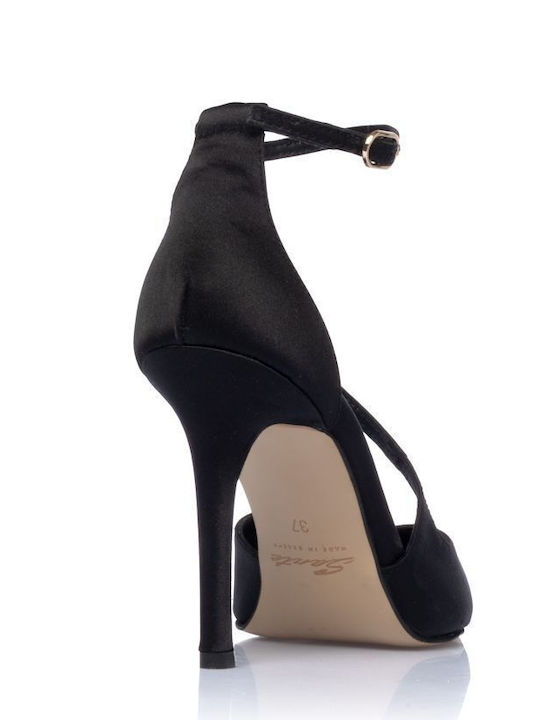 Leder Spitze Zehe Pumps mit Stiletto Absatz und Riemchen Schwarz
