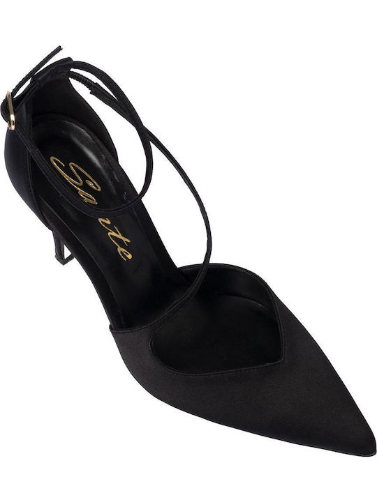 Leder Spitze Zehe Pumps mit Stiletto Absatz und Riemchen Schwarz