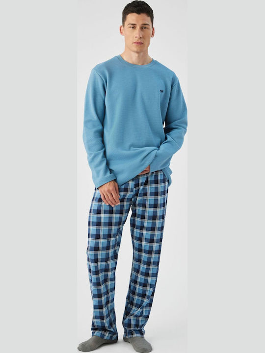 Minerva Bull Winter Herrenpyjama Karos Hellblau