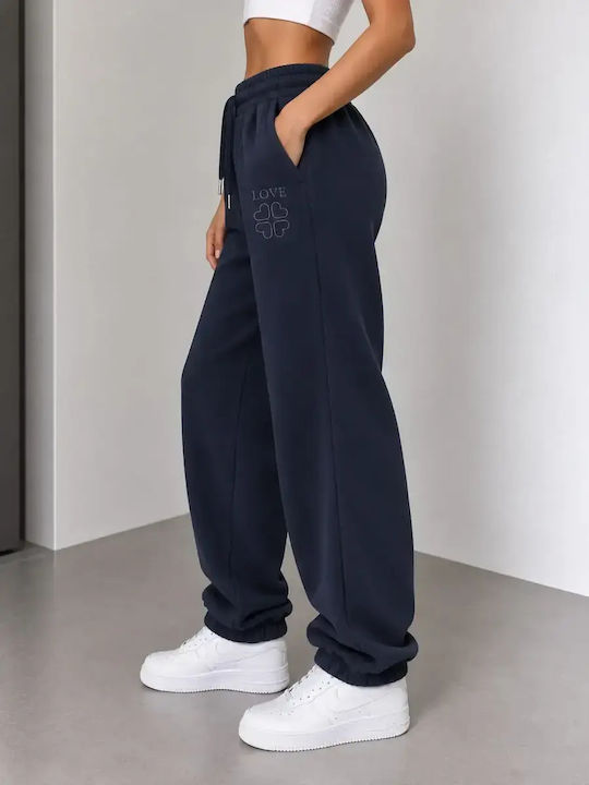 Hohe Taille Damen Jogginghose Breit Fleece Blau