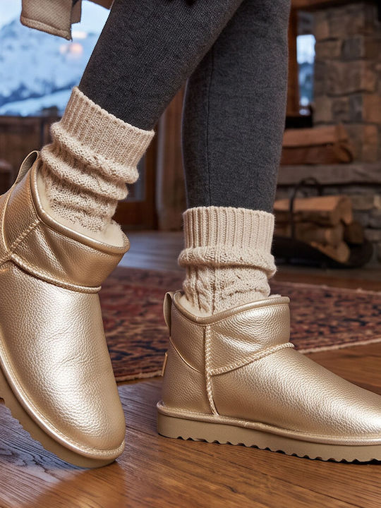 Leder Damen Stiefeletten mit Pelz Gold
