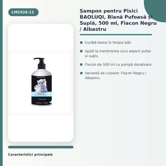 Baoluqi Șampon Pentru Pisici Blană Pufoasă Moale 500 Ml Sticlă Neagră Albastră