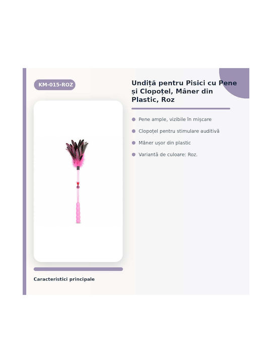 Băț Pentru Pisici Pene Clopoțel Mâner Din Plastic Roz