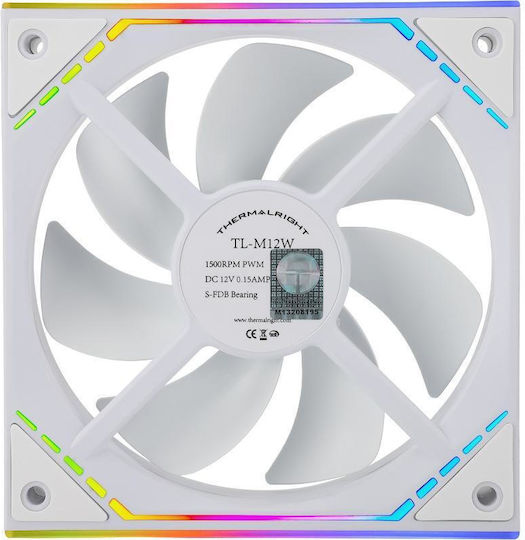 Thermalright TL-M12W Ventilator Pentru Carcasă 120mm (1500rpm / 47.6cfm) cu Iluminare ARGB și Conexiune 4-Pin PWM Alb