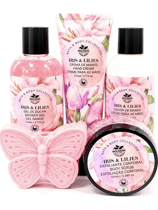 Becasan Iris & Lilies Coș Din Răchită Set Îngrijire Pentru Hidratare & Curățare Corp 5 Buc