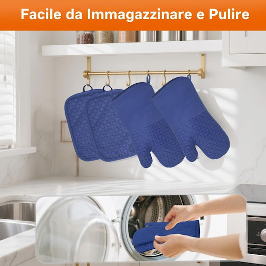 Oven Mitt and Pot Holder Set Kitchen Made of Blue Silicone 4 Pieces