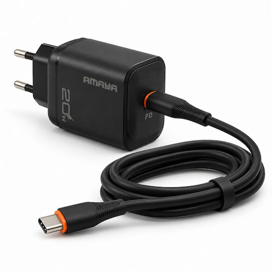 Amaya Зарядно Устройство с USB-C Изходен Порт и Кабел USB-C - USB-C 18W Черно (ACW-E218S+CC)