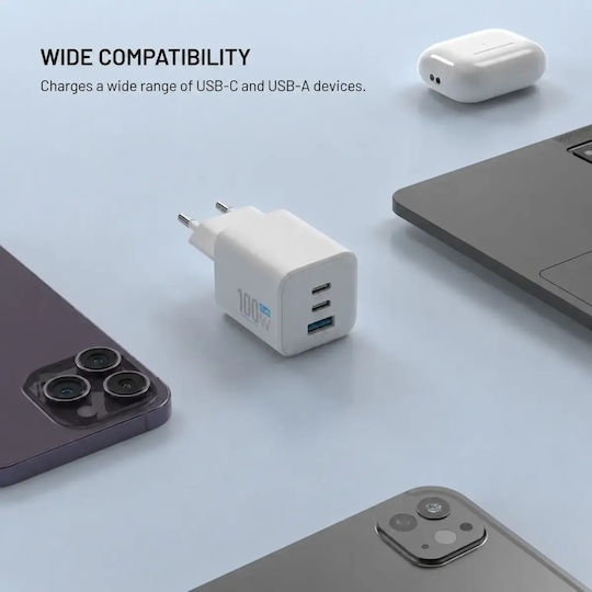 Fixed Încărcător Fără Cablu GaN cu Port USB-A și 2 Porturi USB-C 100W Power Delivery Alb (Mini)