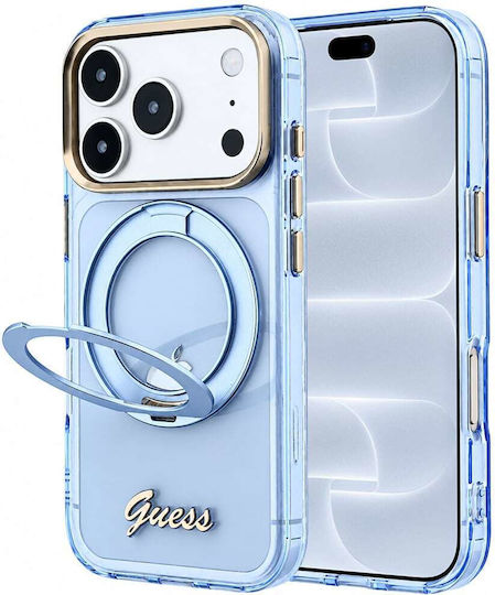 Guess Etui Iml Inel Stand 360 Script Metal Logo Compatibil cu Magsafe Do Iphone 18 Pro 17 Pro Albastru Deschis Guhmp18l6hccmsb
