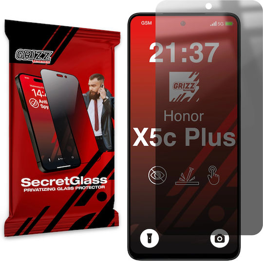 Grizzglass Privacy Secretglass Tempered Glass Screen Protector Compatible with Honor X5 Plus Black