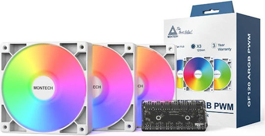 Montech Case Fan 120mm (1600rpm / 66.3cfm) με ARGB Φωτισμό 3τμχ Λευκό