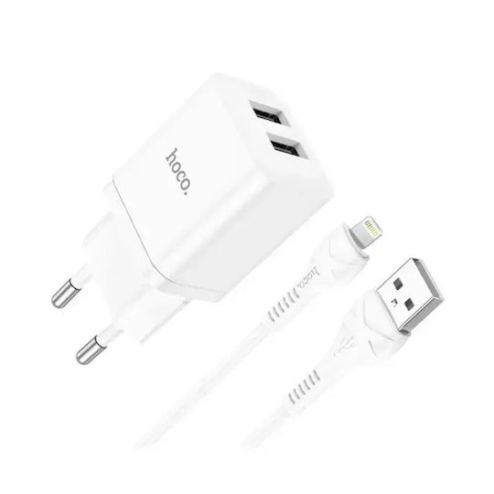 Hoco Ladegerät mit 2 USB-A-Anschlüssen und Lightning-Kabel 25 W Power Delivery / Quick Charge 3.0 / Quick Charge 2.0 Weiß (N25 „Maker“)