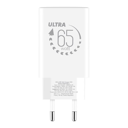 Obal:Me Charger Without Cable GaN with USB-A Port and 2 USB-C Ports 65W Power Delivery Whites (OM65W2CA)