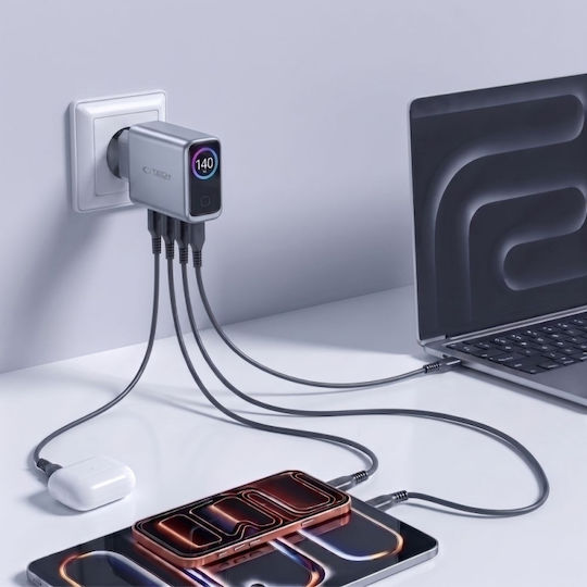 Tech-Protect Wireless Charger with USB-A Port and 3 USB-C Ports 140W Power Delivery / Quick Charge 3.0 Dark Grey (Powervision NC140W-GAN)