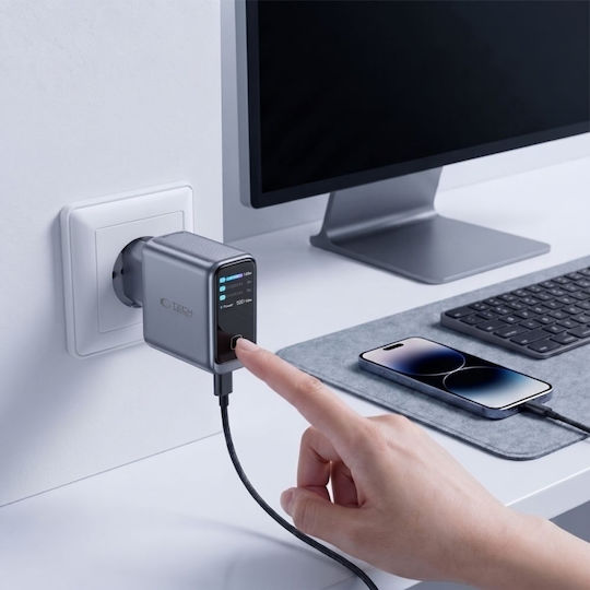 Tech-Protect Φορτιστής Χωρίς Καλώδιο με Θύρα USB-A και 2 Θύρες USB-C 100W Power Delivery / Quick Charge 3.0 Dark Grey (PowerVision NC100W-GaN)