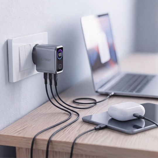 Tech-Protect Φορτιστής Χωρίς Καλώδιο με Θύρα USB-A και 2 Θύρες USB-C 100W Power Delivery / Quick Charge 3.0 Dark Grey (PowerVision NC100W-GaN)