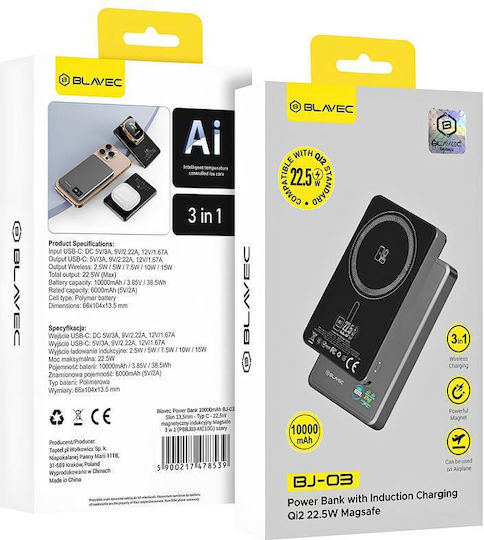 Blavec BJ-03 Slim MagSafe Qi2 Power Bank 10000mAh 22.5W Power Delivery Grey