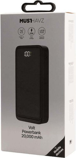 Musthavz MHPWRPD20A004BLK Външна Батерия 20000mAh 20W с 2 USB-A Изходни Порта и USB-C Изходен Порт Power Delivery Черна