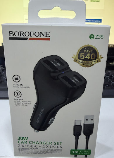 Borofone Car Charger Bz35 Leader 2 X Type C + Usb Pd 30w Cable Usb To Type C Black