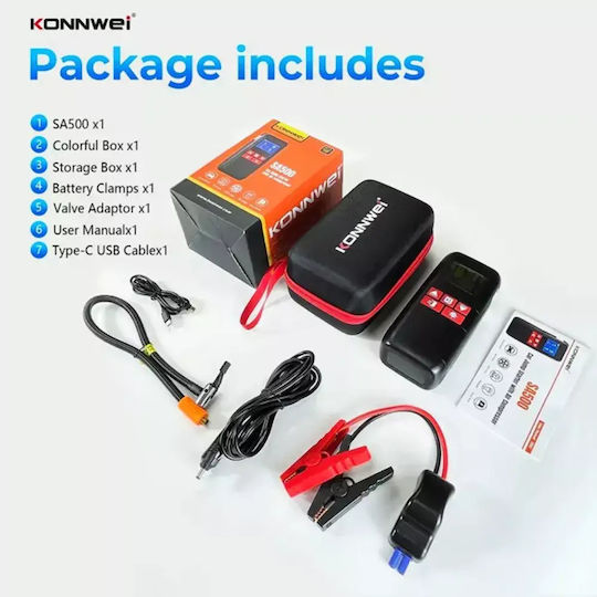 Konnwei Преносим Стартер за Батерия за Кола и Мотоциклет 10400mAh с Помпа и Стъкла 12V