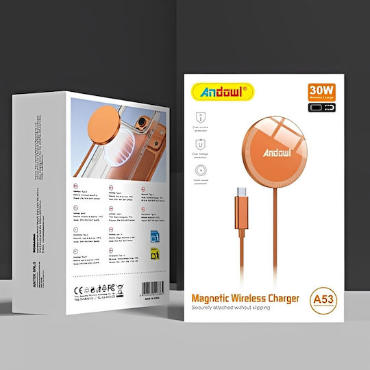 Andowl Wireless Charger (Qi Pad) and USB-C Cable 30W Orange (A53)