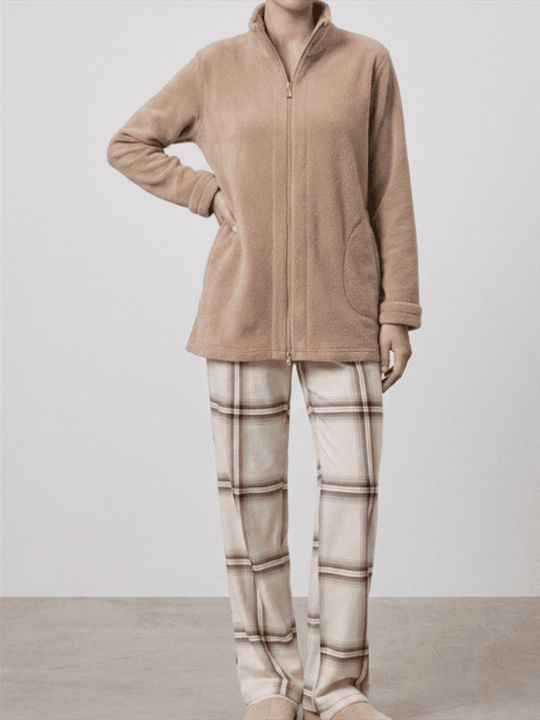 Harmony Χειμερινή Γυναικεία Fleece Ρόμπα Beige