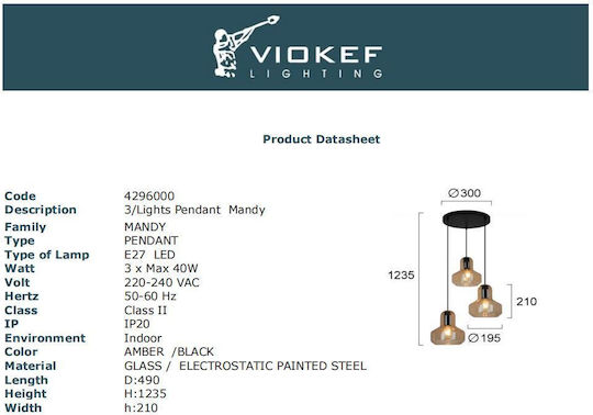 Viokef Висящо Осветително Тяло Кехлибарен с Цокъл E27 30x123.5см.