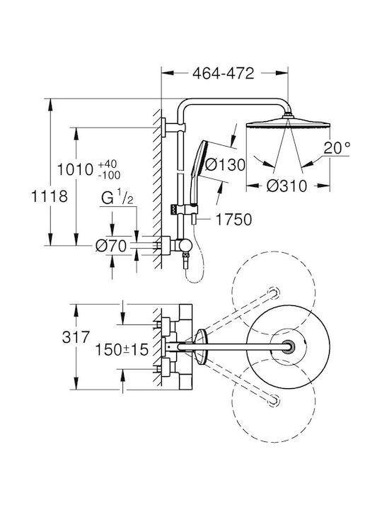 Grohe Στήλη Ντουζ χωρίς Μπαταρία Χρυσή Grohe Στήλη Ντουζ χωρίς Μπαταρία Χρυσή