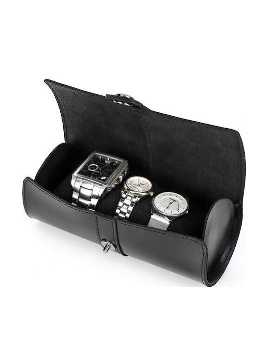 Leather Travel Case for 3 Watches Watch Roll Daponte Black