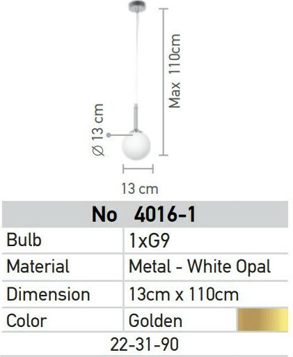Inlight Adjustable Pendant Light Gold with Socket G9 23x13cm