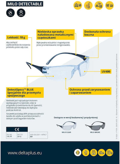 Food Safety Glasses Polycarbonate Lens & UV400 Protection Milo Detectable Delta Plus