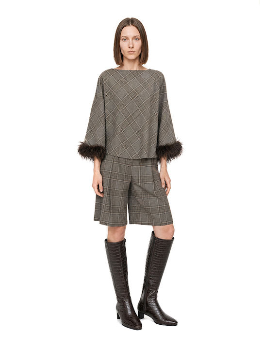 Bluza Damă Mânecă Lungă Carou Maro-Bej