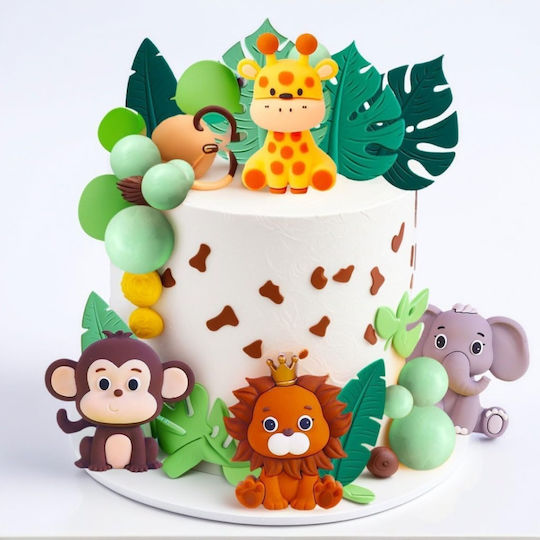 Set 16 Topperuri Tort Festiv Temă Junglă Safari Verde Salvie Dulciuri Animale Leu Elefant Maimuță Girafă Frunze Tropicale Decorațiuni Tort Copii Festiv Botez Baby Shower