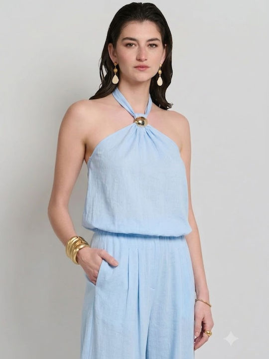 Women's Sleeveless Blouse with Neck Tie Light Blue