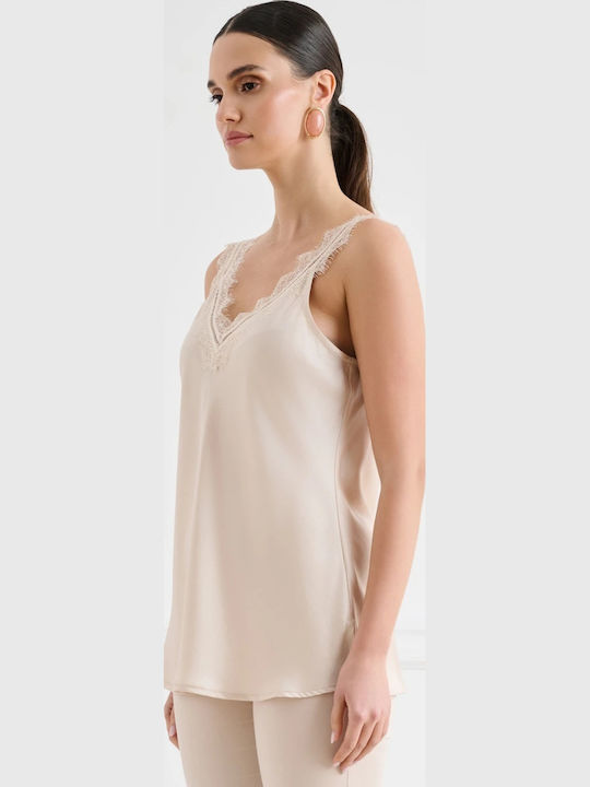 Women's Satin Blouse with Ecru Lace