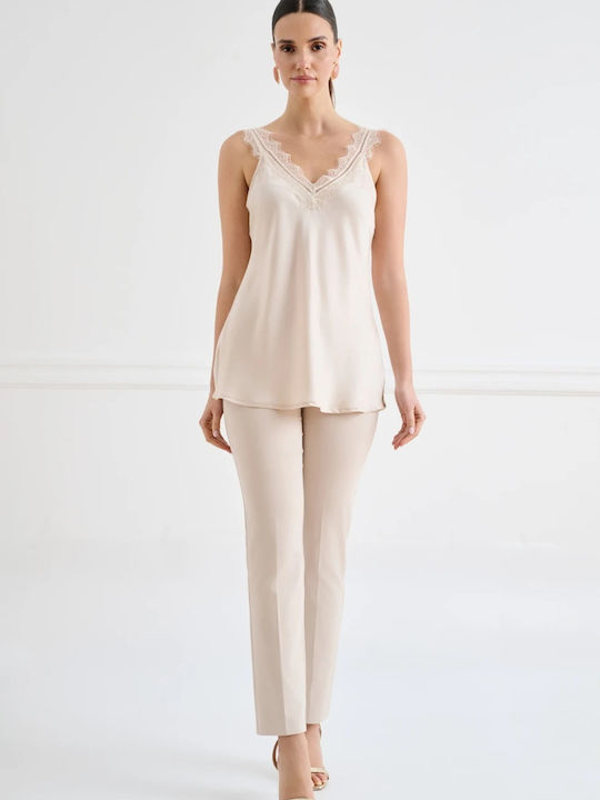 Women's Satin Blouse with Ecru Lace
