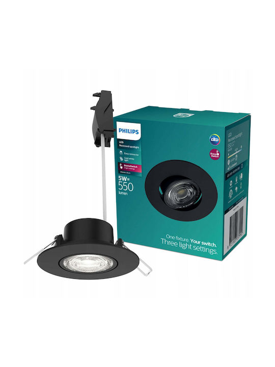 Philips Στρογγυλό Πλαστικό Χωνευτό Σποτ με Ενσωματωμένο LED και Φυσικό Λευκό Φως Μαύρο 9x9εκ.