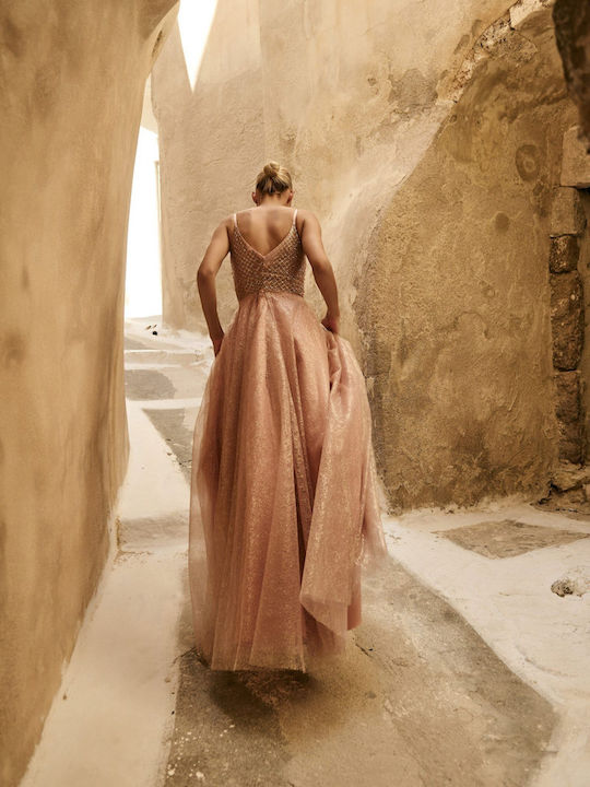Лятна Maxi Рокля За Вечерно Излизане С Прозрачни Елементи Old Pink Розова