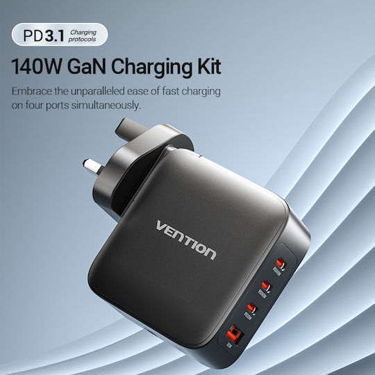 Vention GaN Charger with USB-A Port, 3 USB-C Ports and USB-C to USB-C Cable 140W Power Delivery / Quick Charge 3.0 Black (FEIB0-UK)