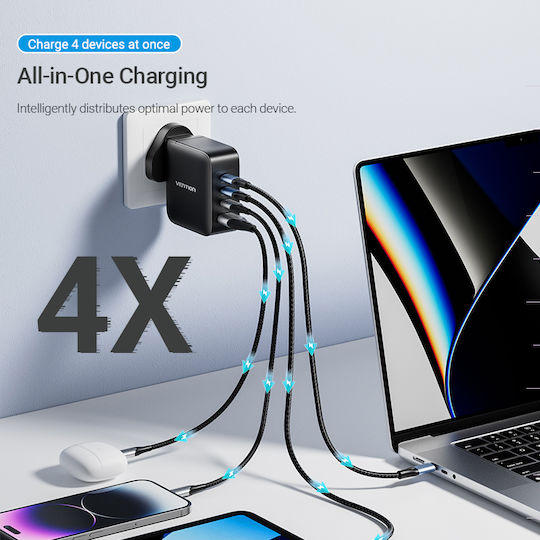 Vention GaN Charger with USB-A Port, 3 USB-C Ports and USB-C to USB-C Cable 140W Power Delivery / Quick Charge 3.0 Black (FEIB0-UK)
