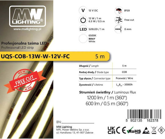 LED Strip 12V Cold White Light 5m COB Type