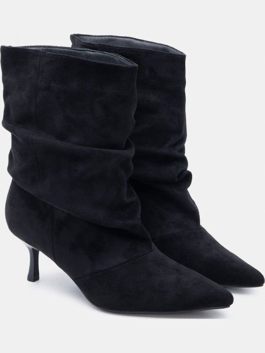Wildleder Damen Stiefeletten mit Mittelhohem Absatz Schwarz